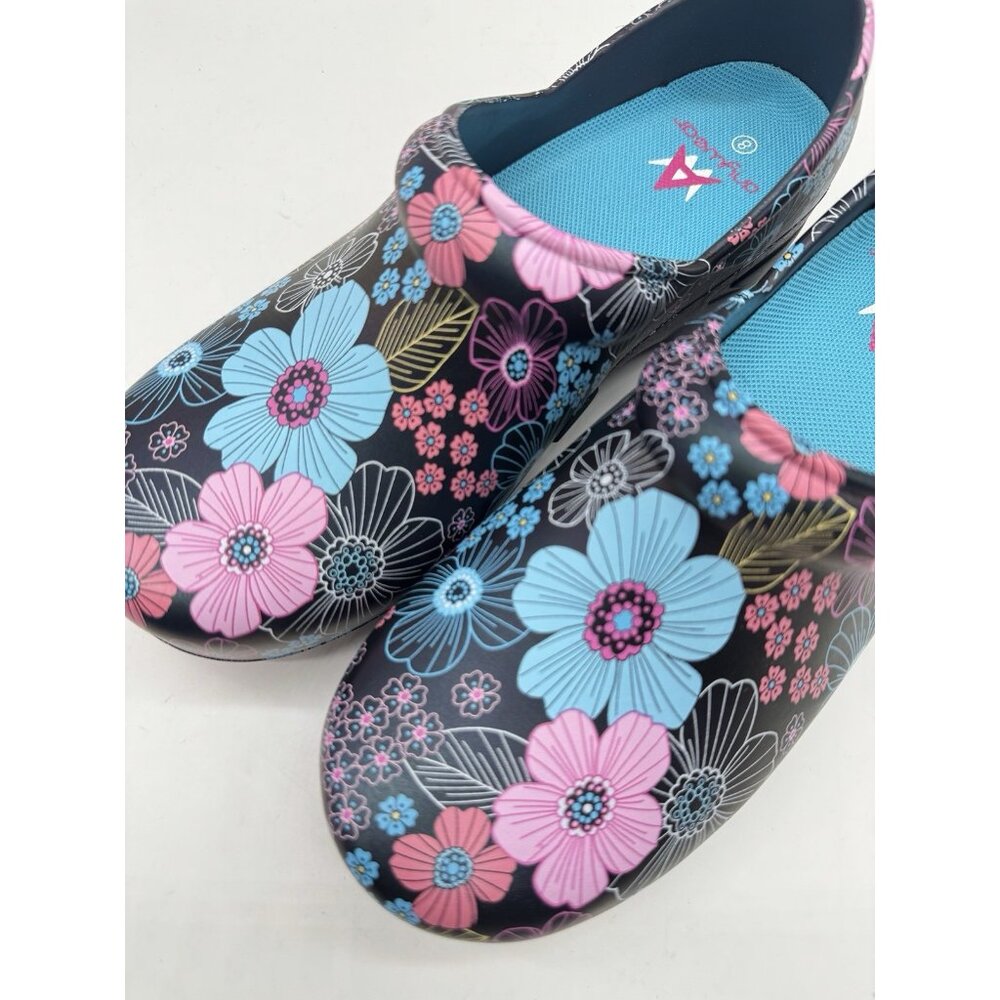 Black Floral Slip-On Clogs in Pink & Turquoise - Picture 13 of 15